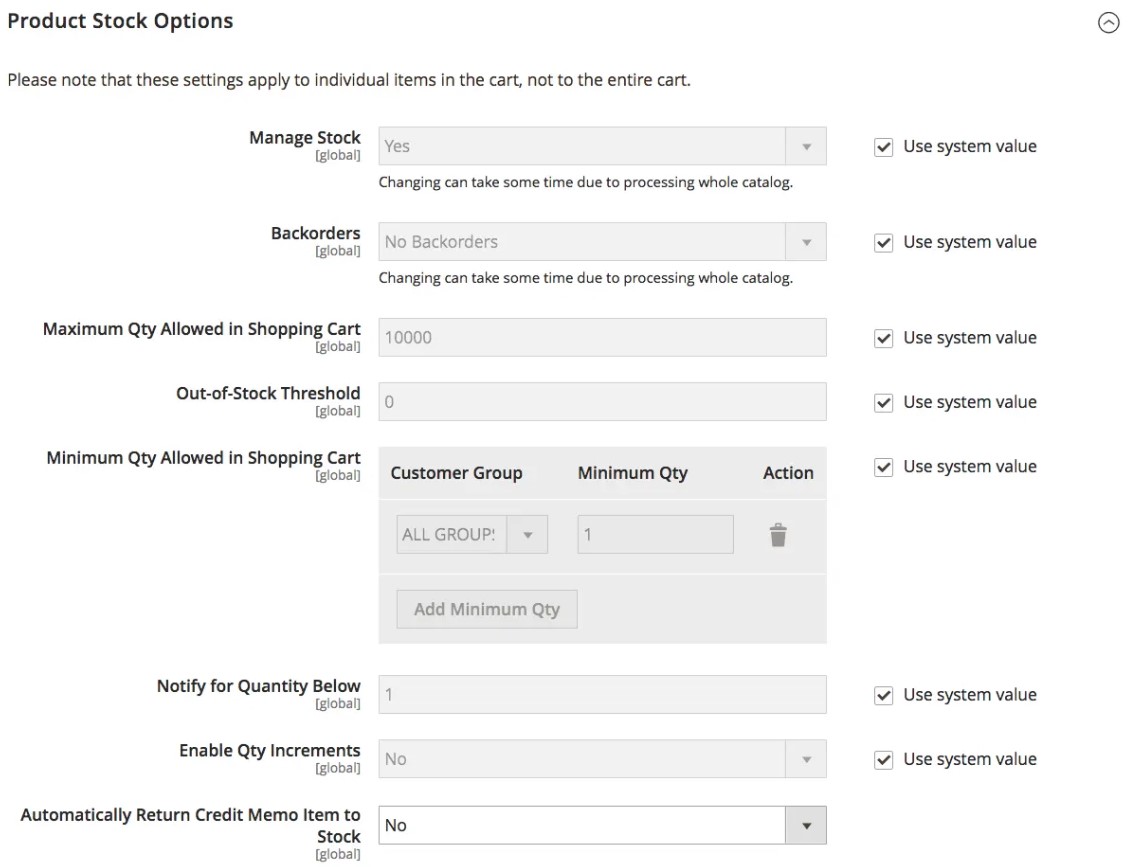 screenshot of Magento admin showing Magento 2 product stock options inventory settings
