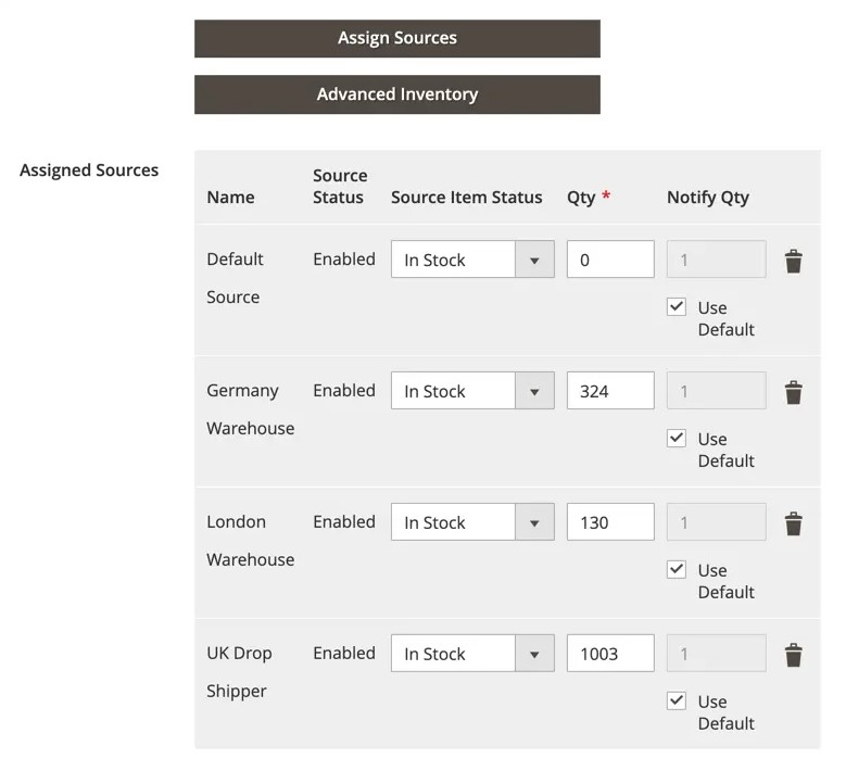 screenshot of Magento 2 assigned sources of inventory management in Magento admin