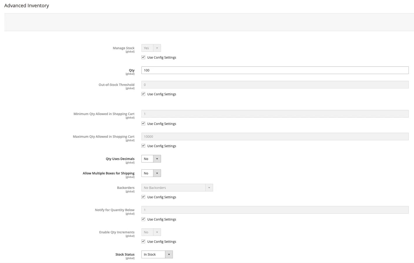 screenshot of Magento 2 advanced inventory of inventory management per product in Magento admin