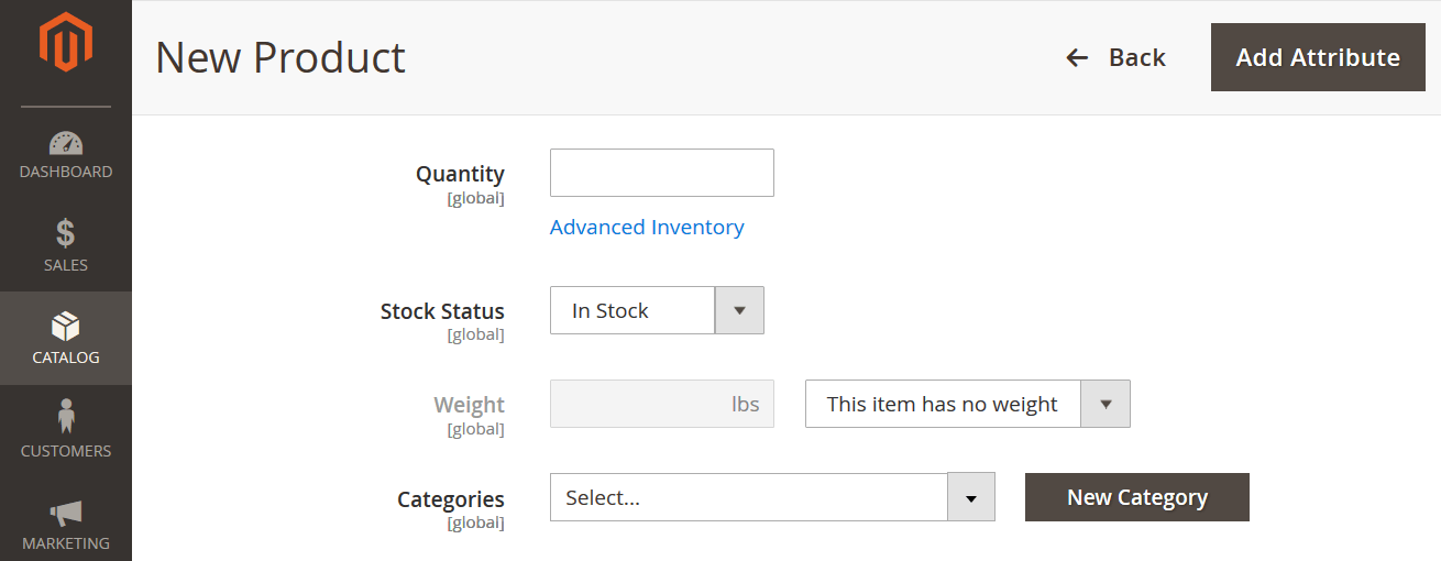 screenshot of virtual product configuration in magento 2 with quantity, stock status, and categories attributes. Weight is also displayed but inactive