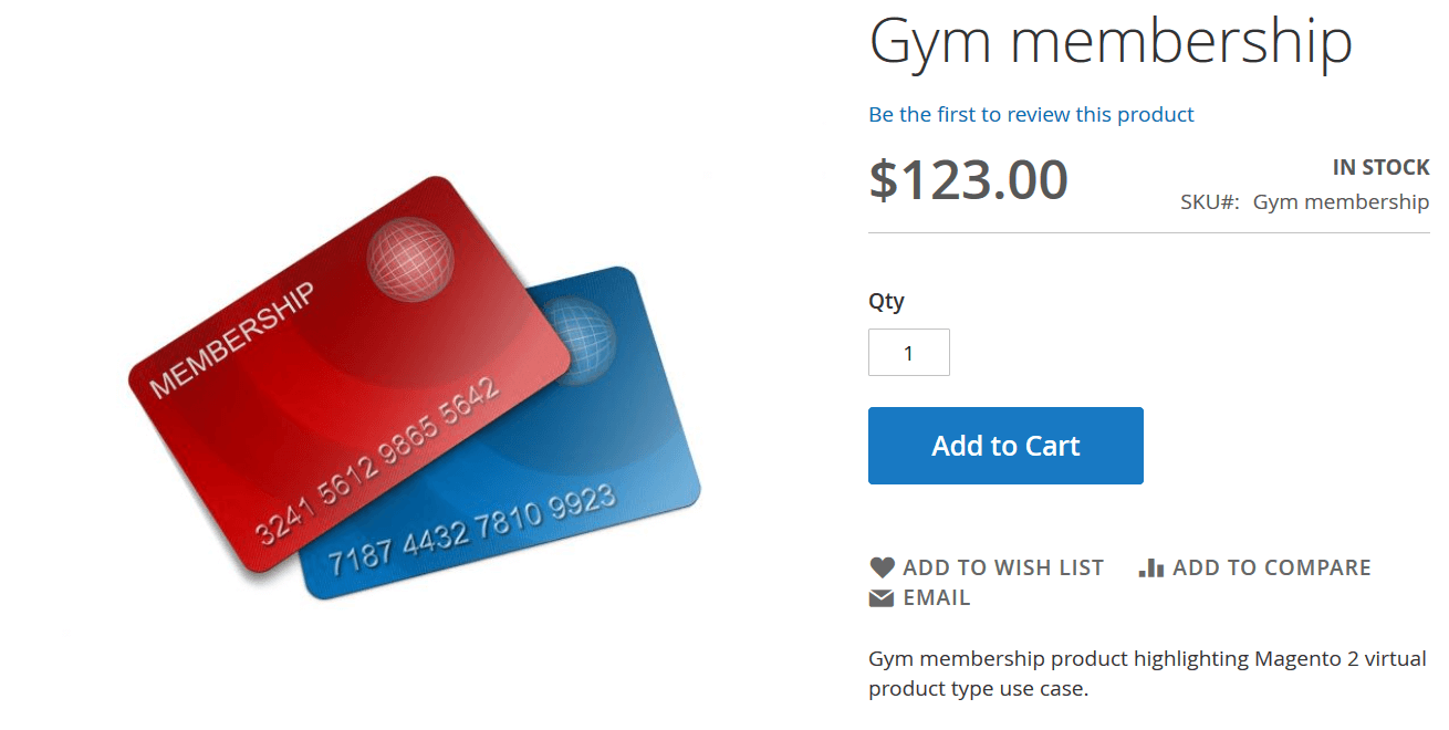 example of a virtual product in magento 2: gym membership that costs $123