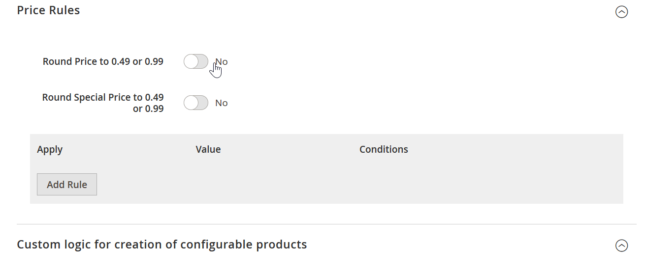 Magento 2 virtual product import gif that shows how to apply price rules and price rounding to virtual products you are going to import