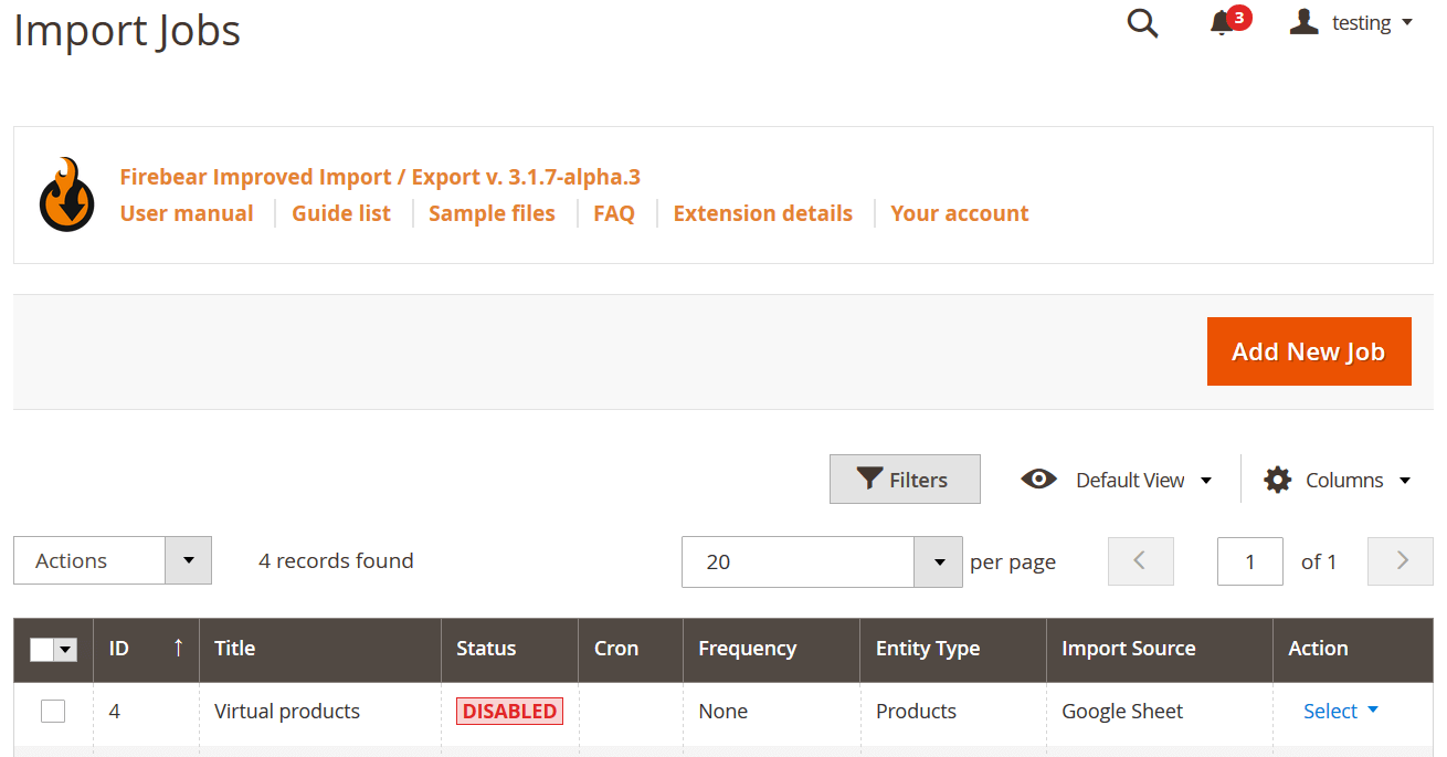 Magento 2 virtual product import with Improved Import & Export: adding a new import job