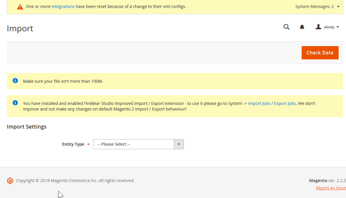 Magento 2 virtual product import gif showing the procedure with the default magento 2 importer