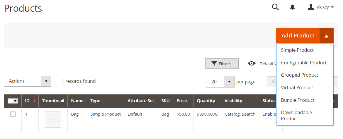 screenshot of a magento 2 admin: Products section's Add Product dropdown with different product types