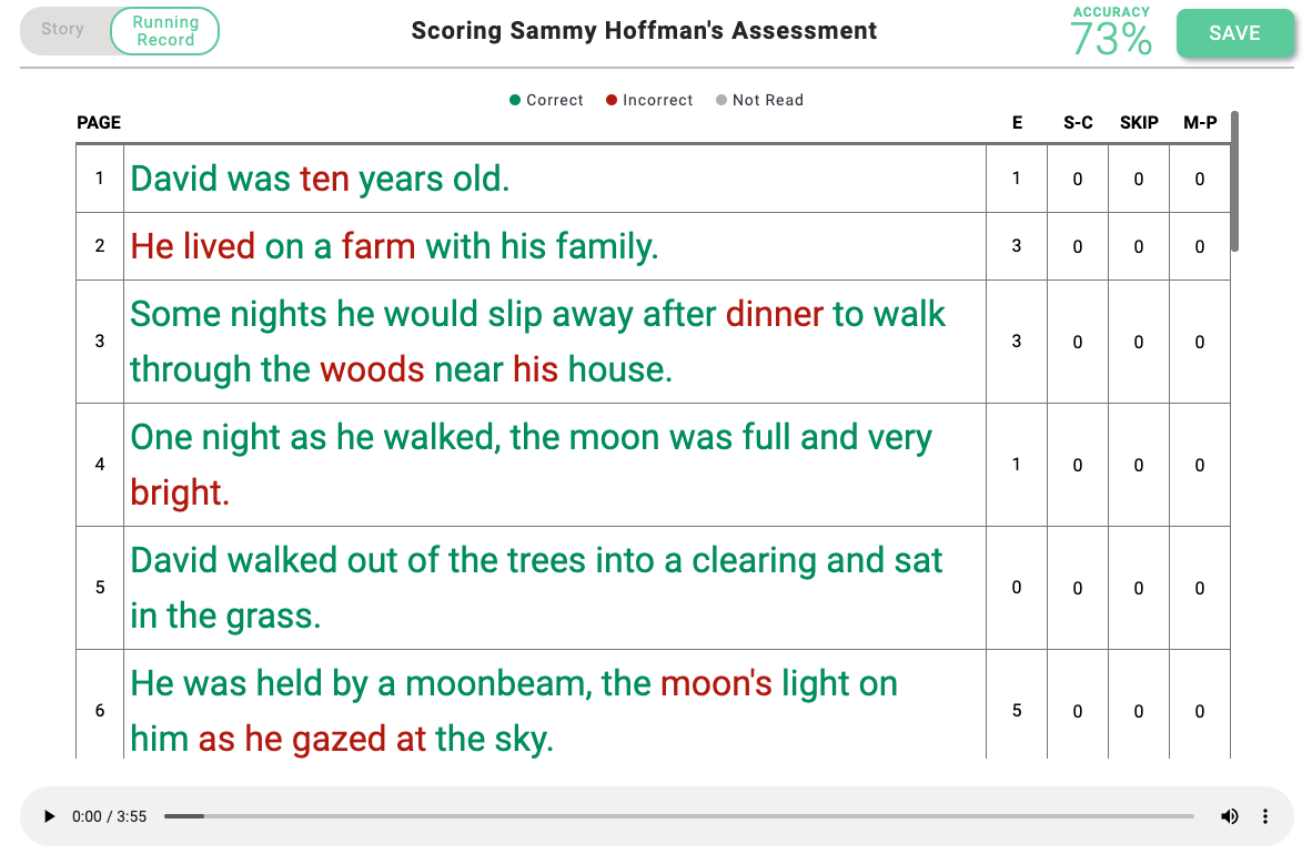 Screenshot of a reading assessment in the app Amira.