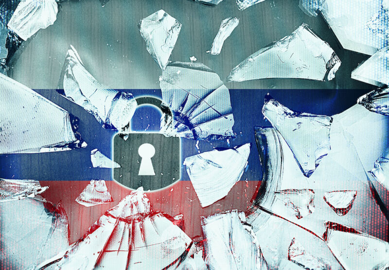Cartoon padlock and broken glass superimposed on a Russian flag.