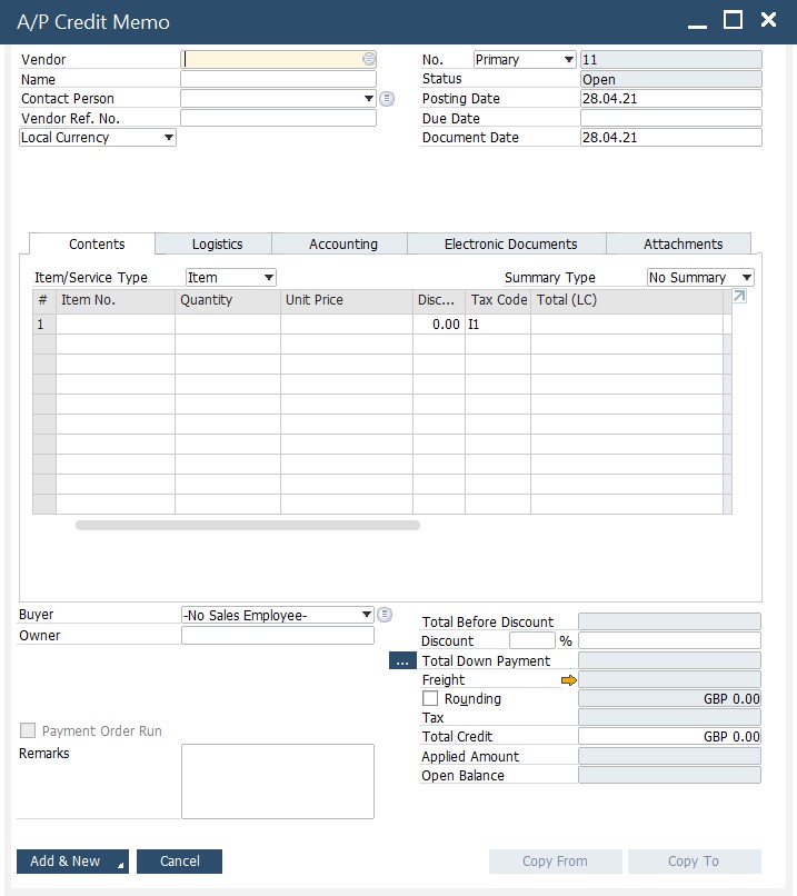 SAP B1 purchasing and A/P documents