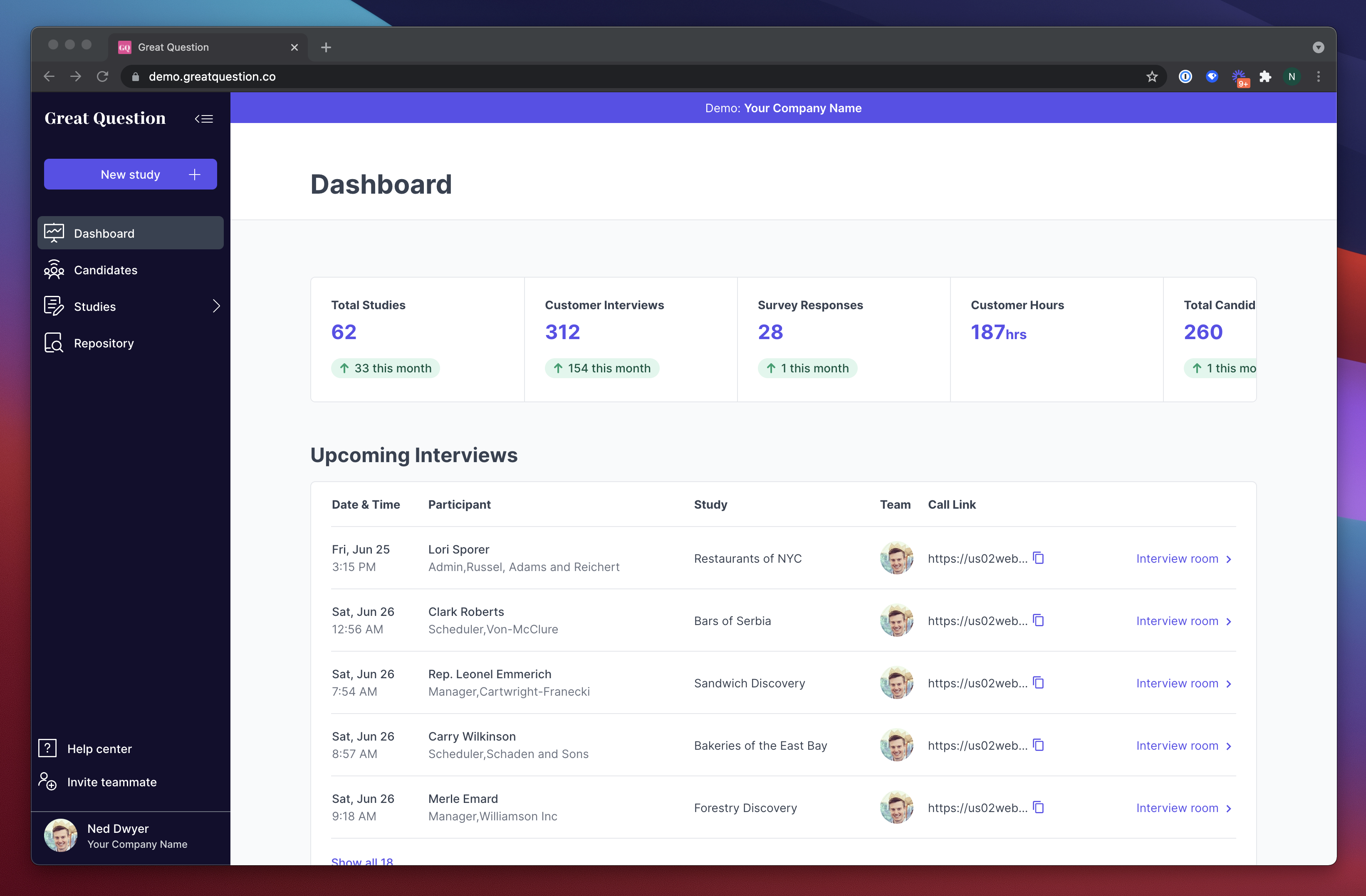 Great Question's user dashboard