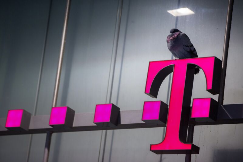 A bird sits on top of a T-Mobile sign outside a mobile phone store,