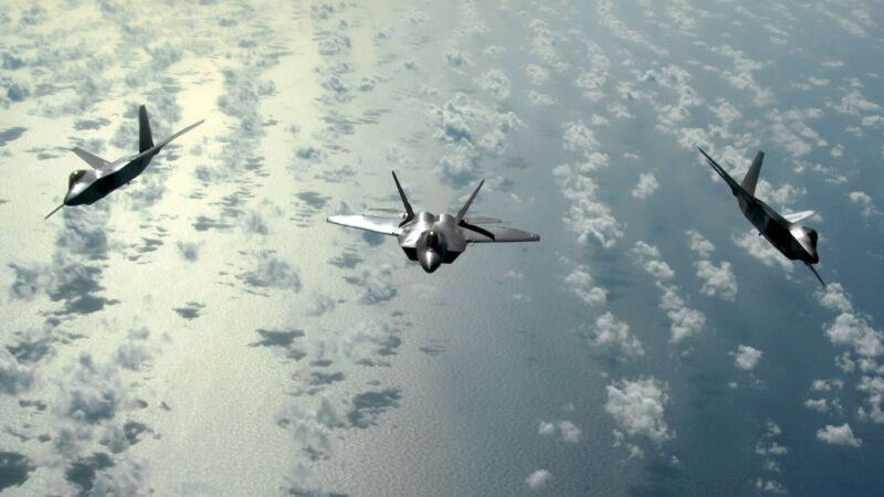 A three-ship flight of F-22 Raptors. As one of the US Air Force's most sophisticated fighters, it might see combat in the future not against insurgencies, but against technologically sophisticated adversaries like China or Russia.