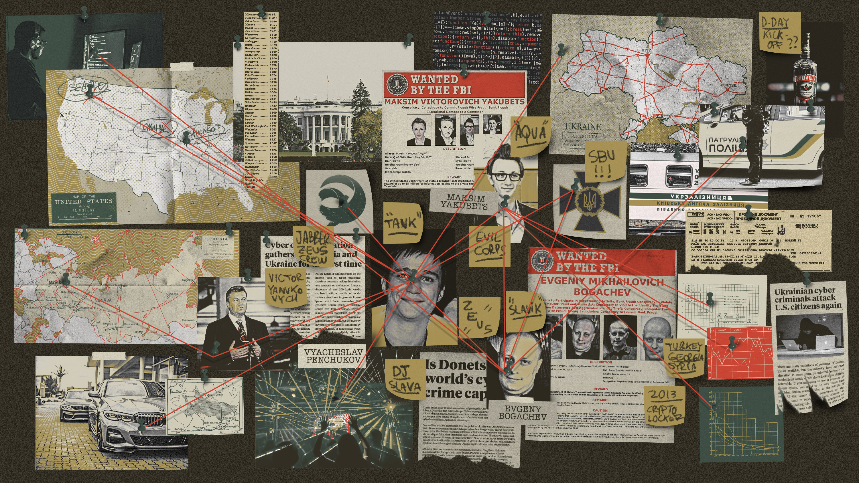 conceptual illustration showing a police evidence board with reference to various people, places, and things in the story