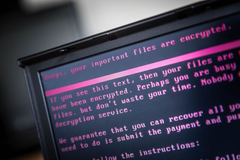 A ransom message on a monochrome computer screen.