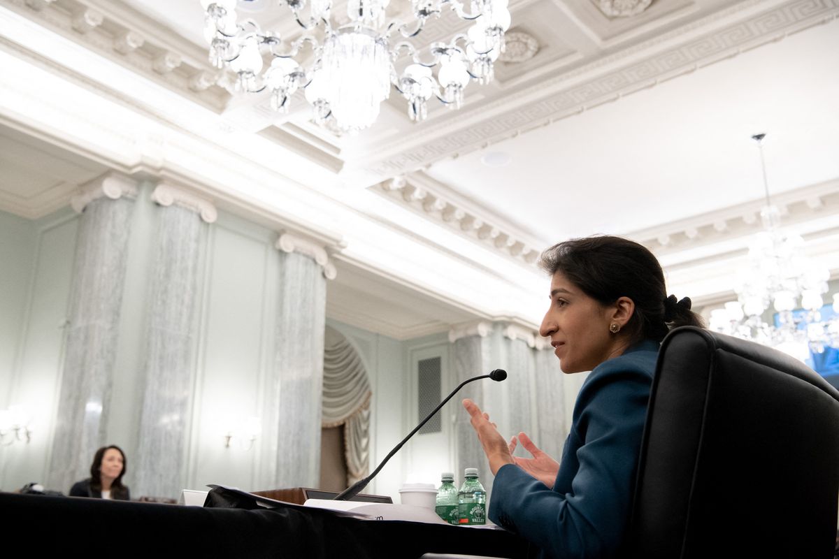 Lina Khan testifies at her confirmation hearing in April 2021.