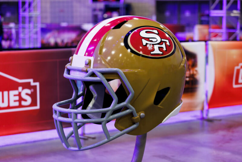 A helmet for the San Francisco 49ers football team.