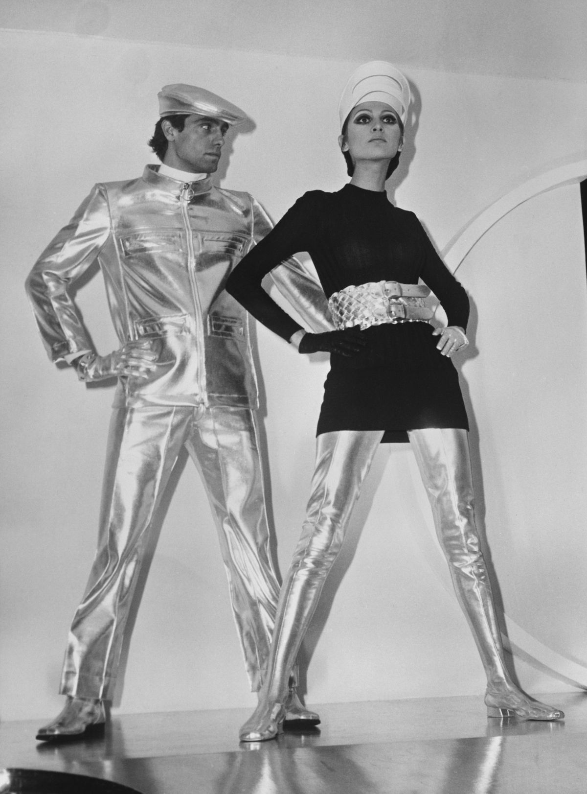 Space age outfits in silver vinyl by Pierre Cardin, on display at Fashion Week in Paris, 26th January 1968. (Photo by Keystone/Hulton Archive/Getty Images)