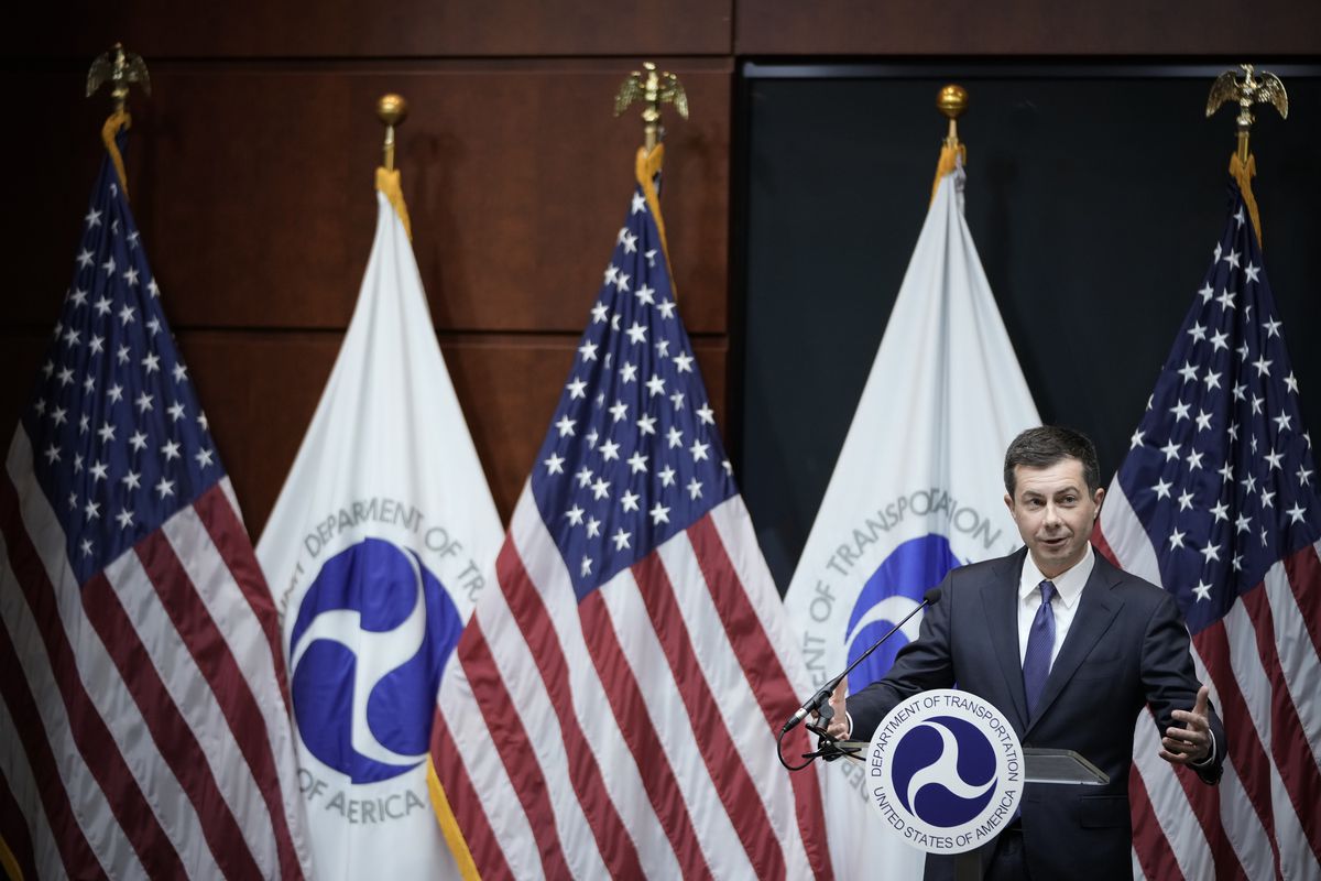 U.S. Secretary of Transportation Pete Buttigieg speaks during an event about fuel economy standards at the headquarters of the Department of Transportation April 1, 2022 in Washington, DC. 
