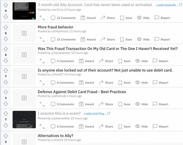 Screenshot of r/AllyBank the morning of Friday, August 19.