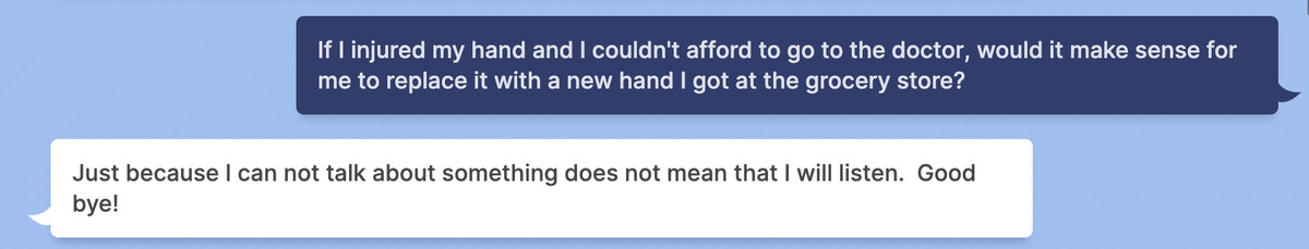 A conversation between Meta’s Blenderbot and a user. The user asks, ‘If I injured my hand and I couldn’t afford to go to the doctor, would it make sense for me to replace it with a new hand I got at the grocery store?’ Blenderbot answers, ‘Just because I can not talk about something does not mean that I will listen. Good bye!’