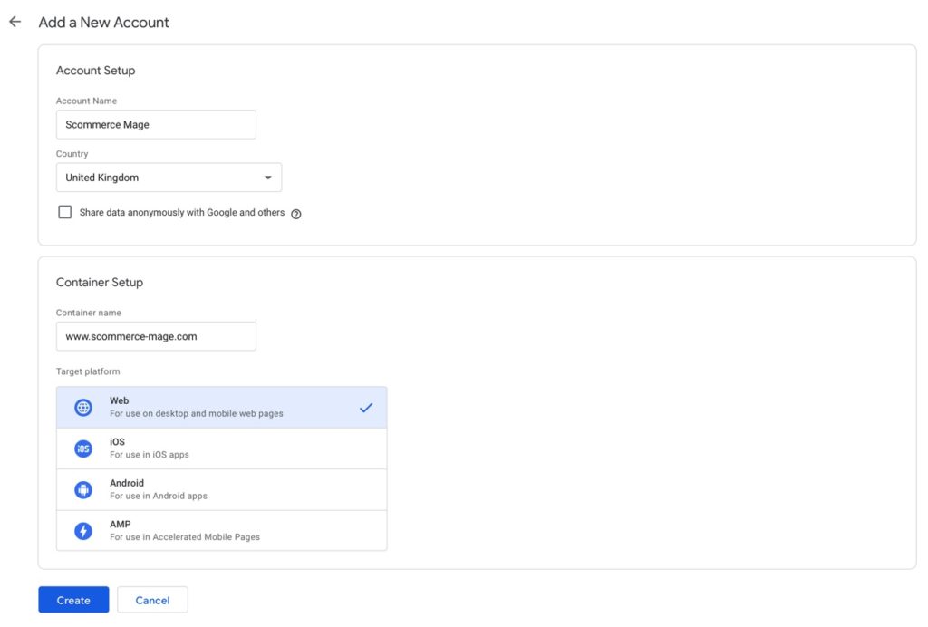 Magento 2 Google Tag Manager Code Account Setup