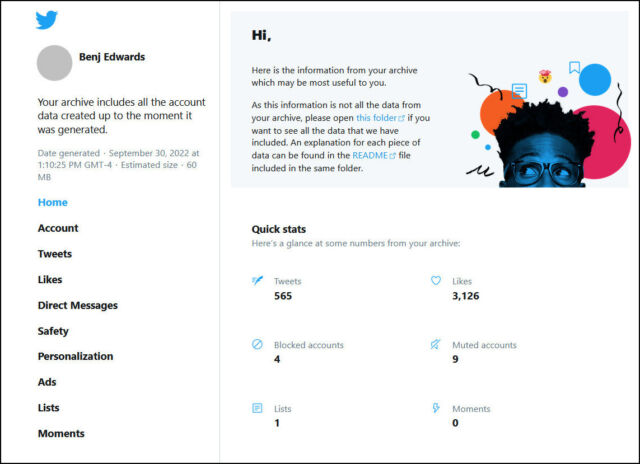 Once downloaded, you can view your Twitter data locally in a web browser.