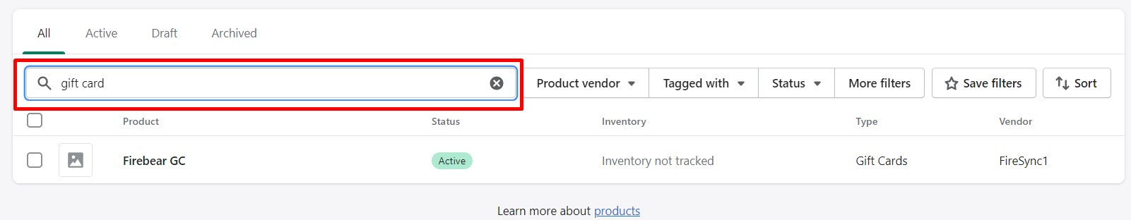 gift card product search field on products page