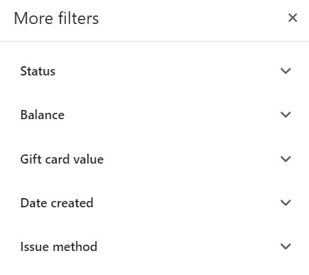 more filters for gift card codes