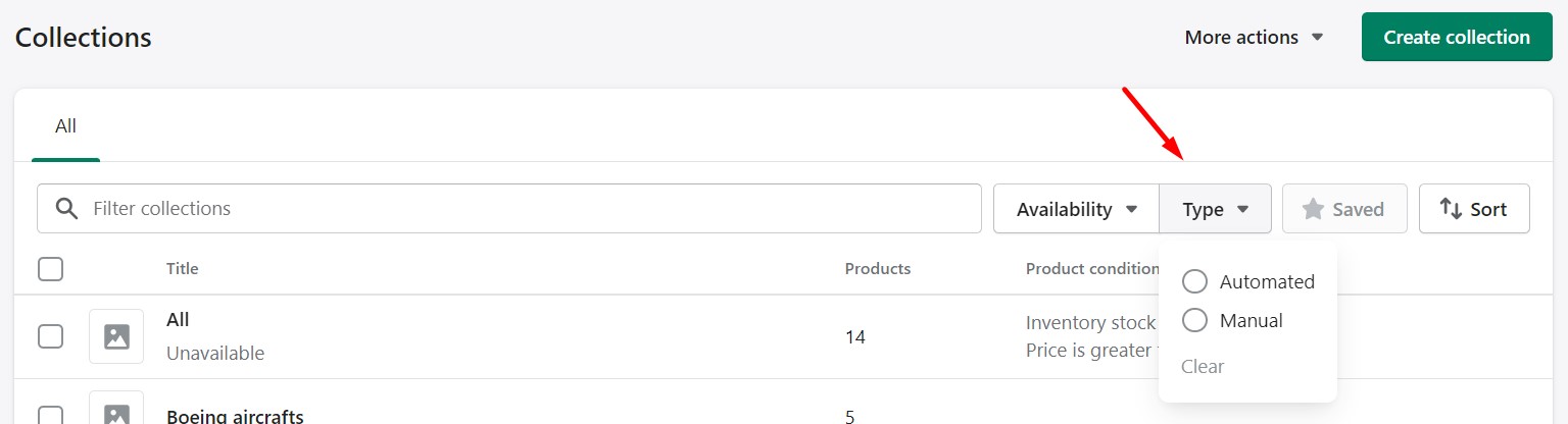 Shopify Collections type filter