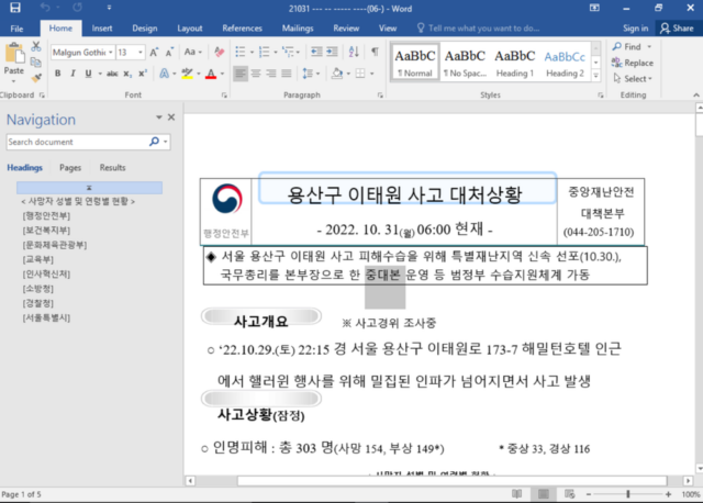 The document in question purports to be related to a deadly crowd panic in late October in Itaewon, South Korea.
