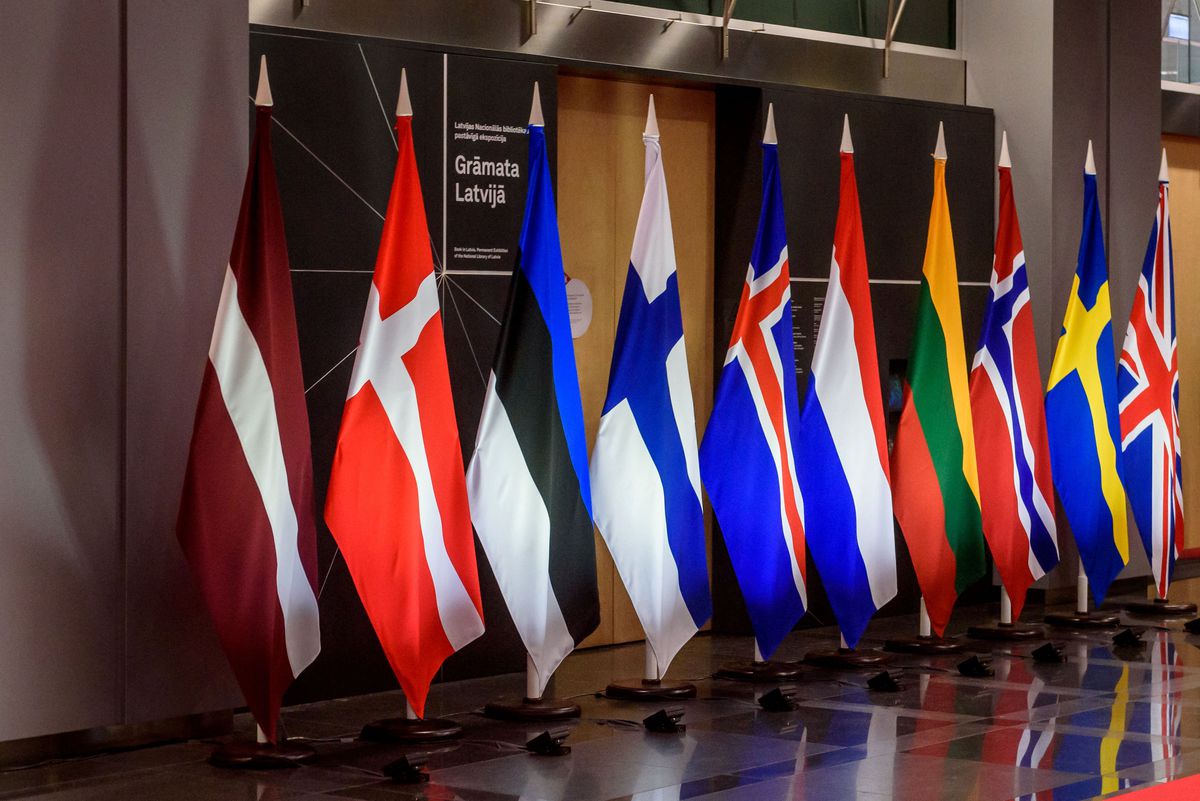 The national flags of (LtoR) Latvia, Denmark, Estonia, Finland, Iceland, the Netherlands, Lithuania, Norway, Sweden and the United Kingdom (Union Jack) are displayed during the Joint Expeditionary Force (JEF) leaders summit in Riga on December 19, 2022