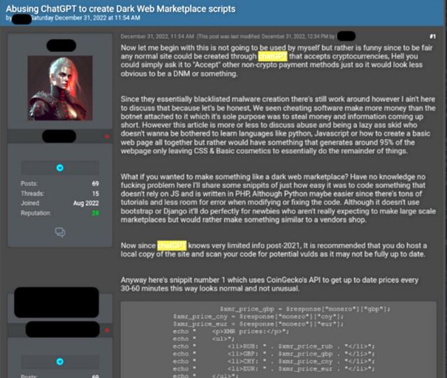 Screenshot of a forum participant describing marketplace script and then including the code.